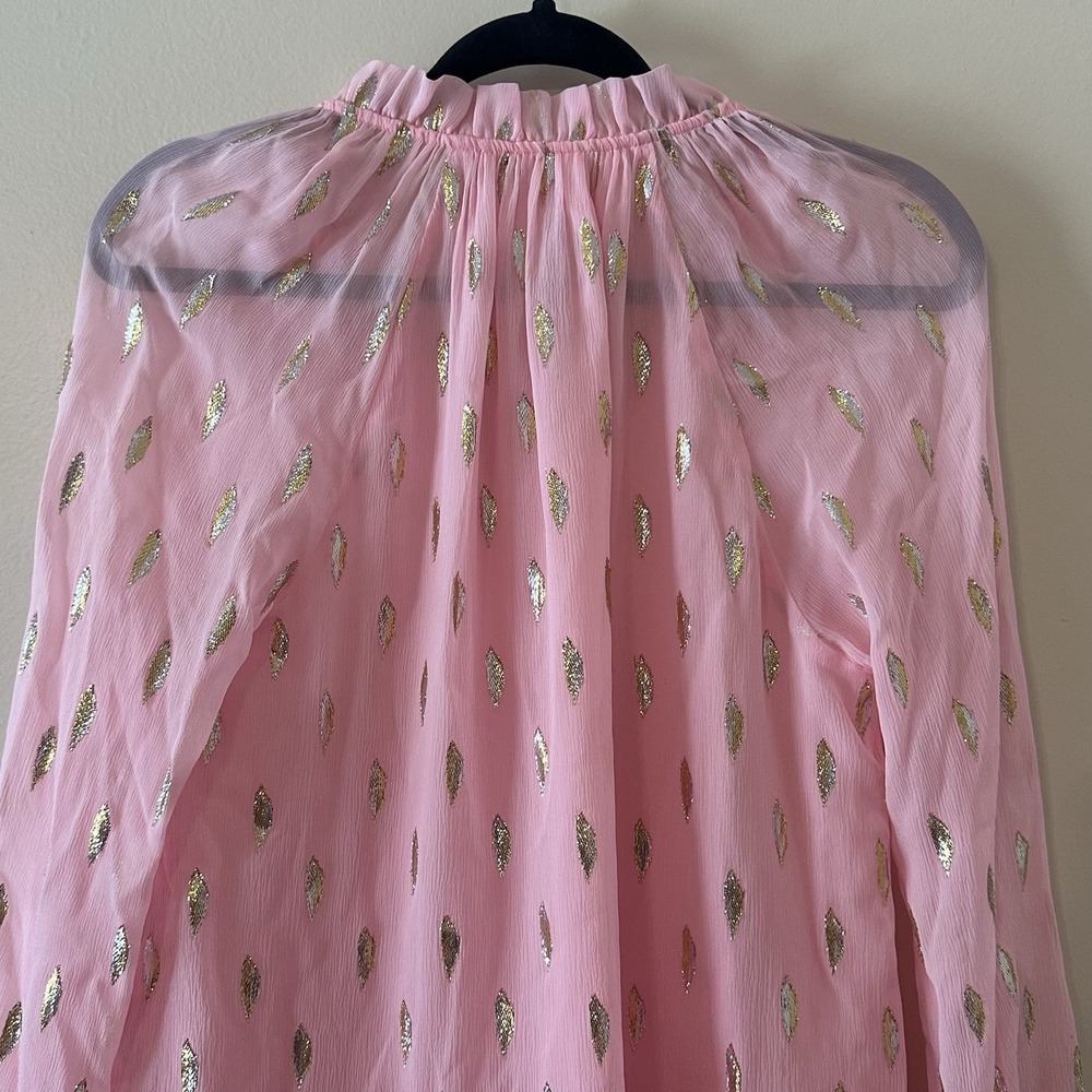 Lilly Pulitzer Tensley‎ Silk Top Pink Metallic Silver Gold Feathers Ruffles Sz S - Picture 7 of 15